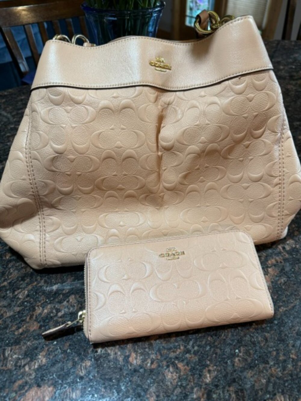 Coach Tan Signature C's Embossed Leather Shoulder Bag and Wallet